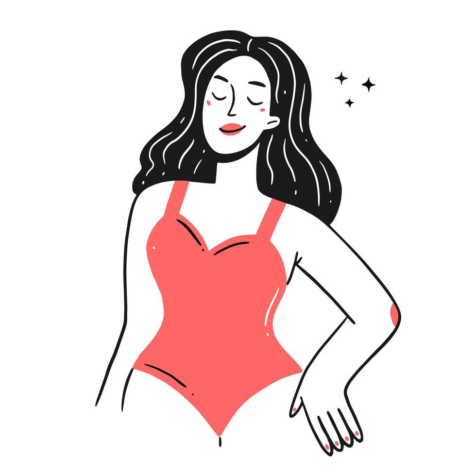 A girl in a swimsuit is sunbathing in the sun. The character woman in a linear doodle style. Vector illustration.