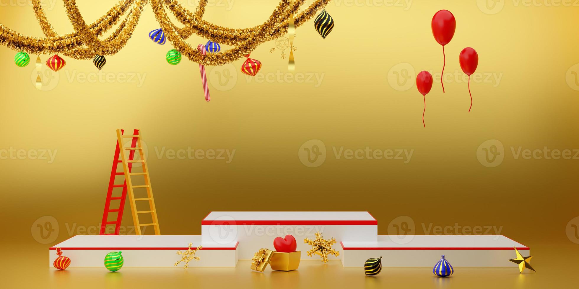 Podium empty with golden tinsel and ornaments and ladder in Gold composition for modern stage display and minimalist mockup ,Concept Christmas and a festive New Year, 3d illustration or 3d render photo