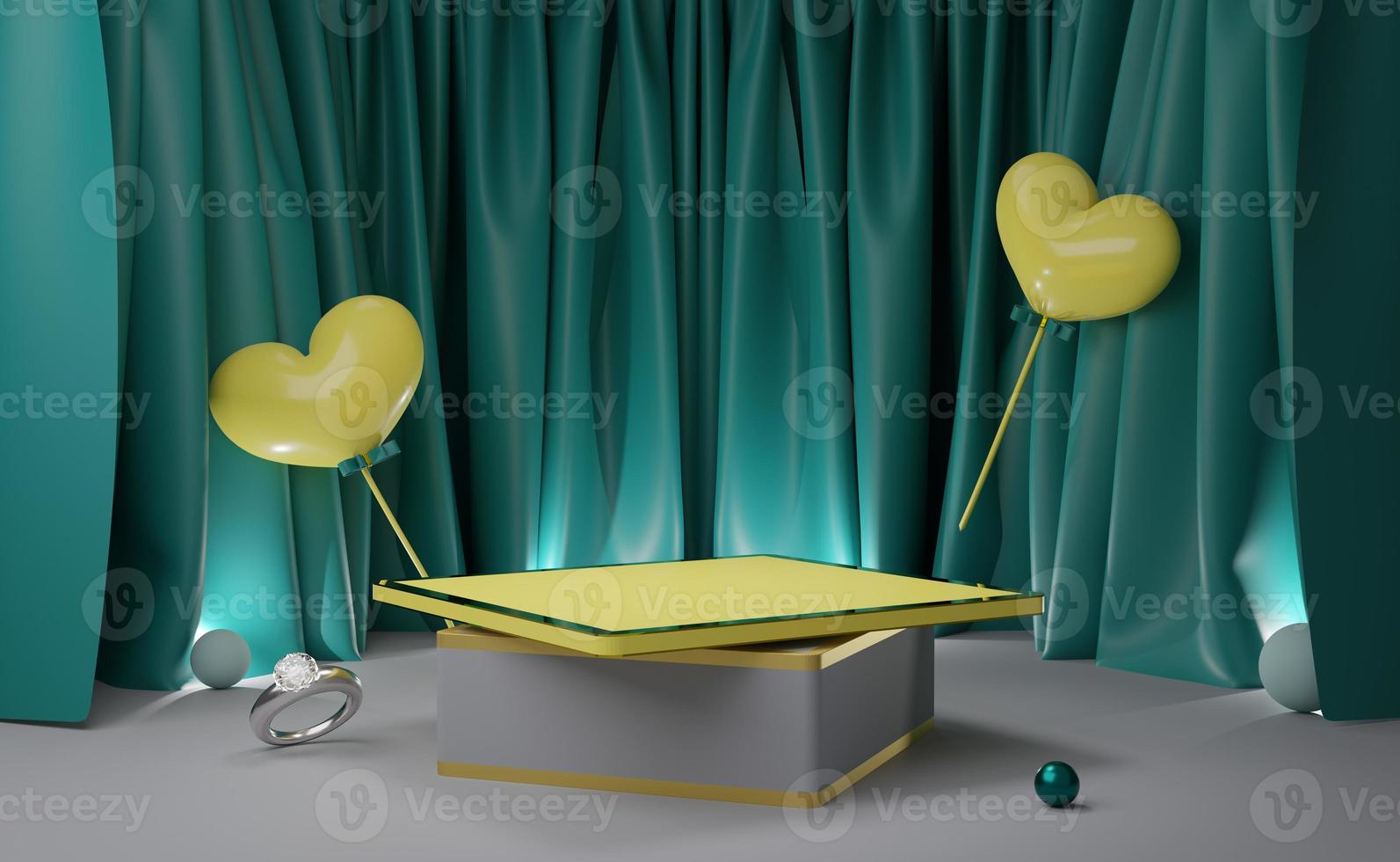 podio vacío con forma de corazón amarillo y cortina en composición gris para exhibición de escenario moderno y maqueta minimalista, fondo del día de san valentín, concepto de ilustración 3d o renderizado 3d foto