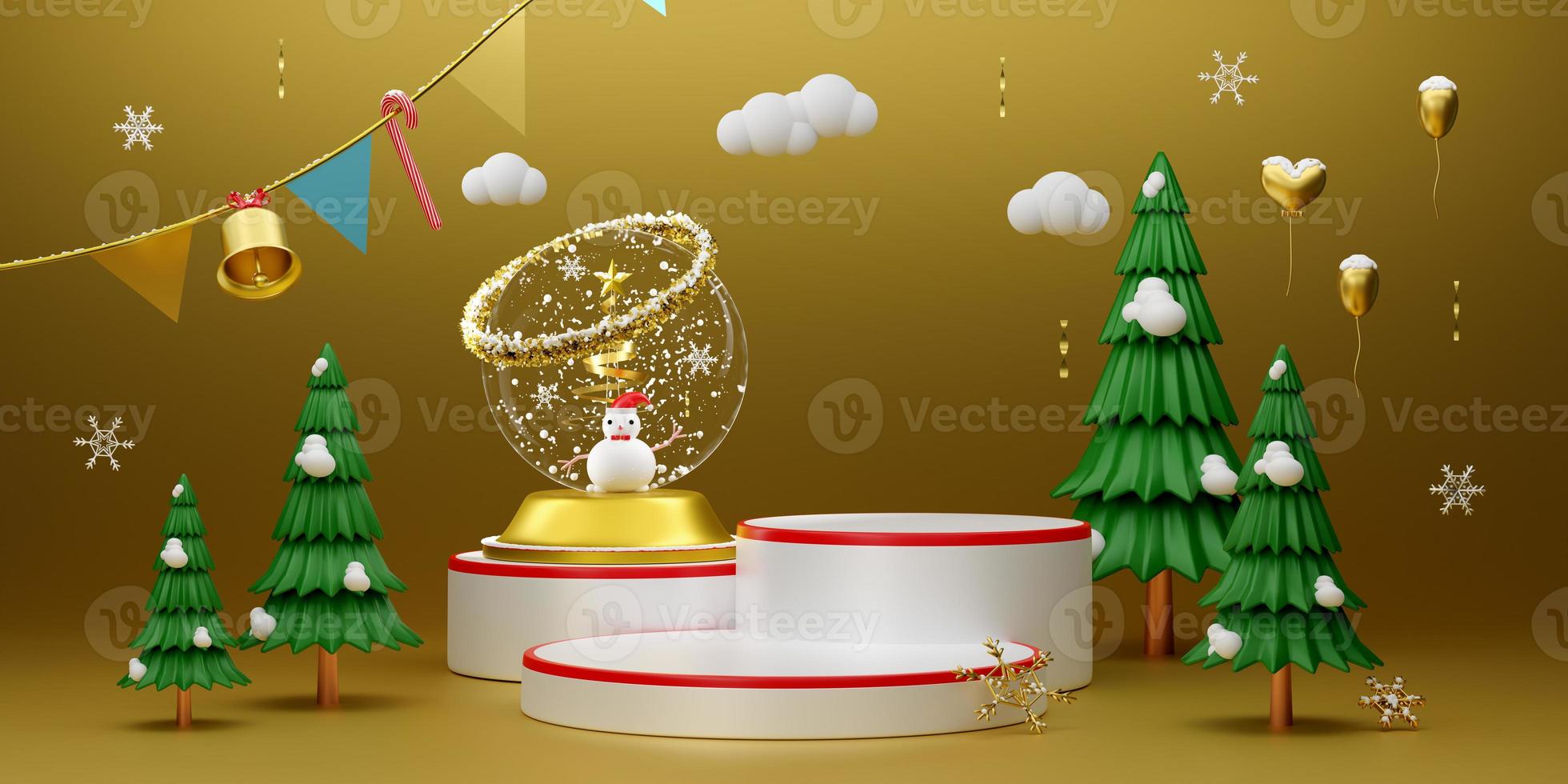 Podium Empty and Christmas tree with snow globe in Gold composition for modern stage display and minimalist mockup ,Concept Christmas and a festive New Year, 3d illustration or 3d render photo
