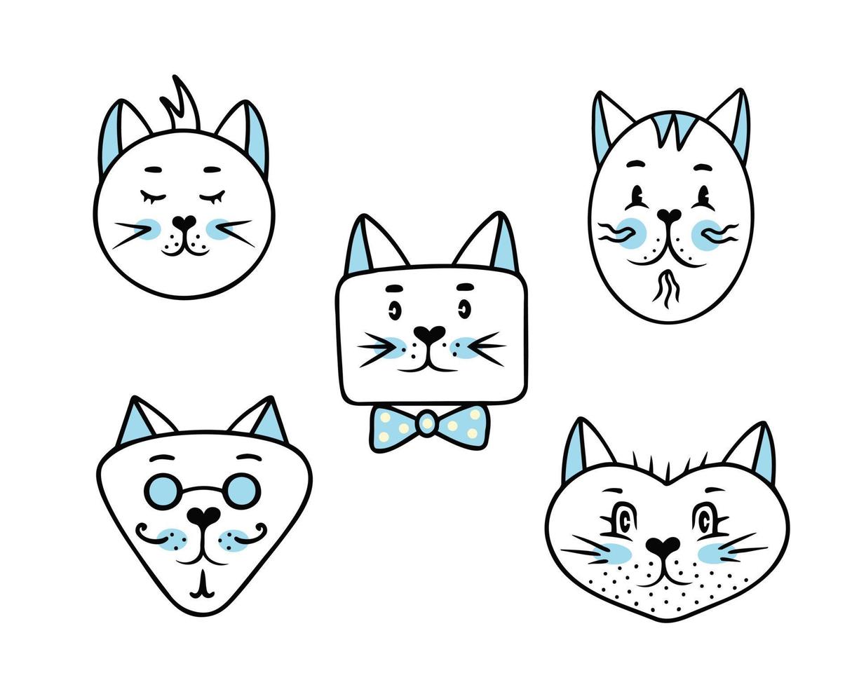 Cat face set, boys, collection silhouette face of cat. Illustration for printing, backgrounds, covers, packaging, greeting cards, posters, stickers and textile. Isolated on white background. vector