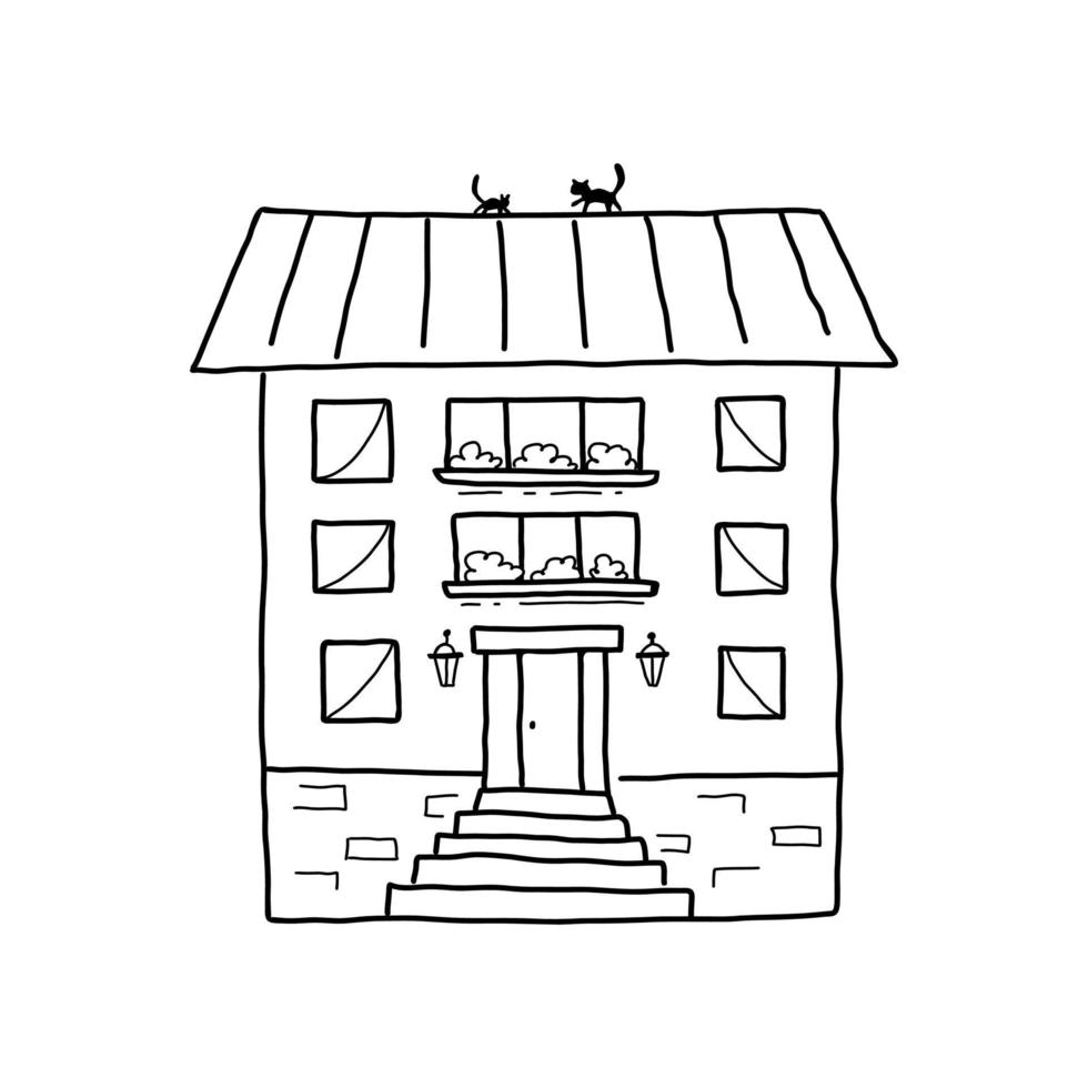 Urban apartment building with balconies and a cat on the roof. Vector illustration in the style of simple doodles.