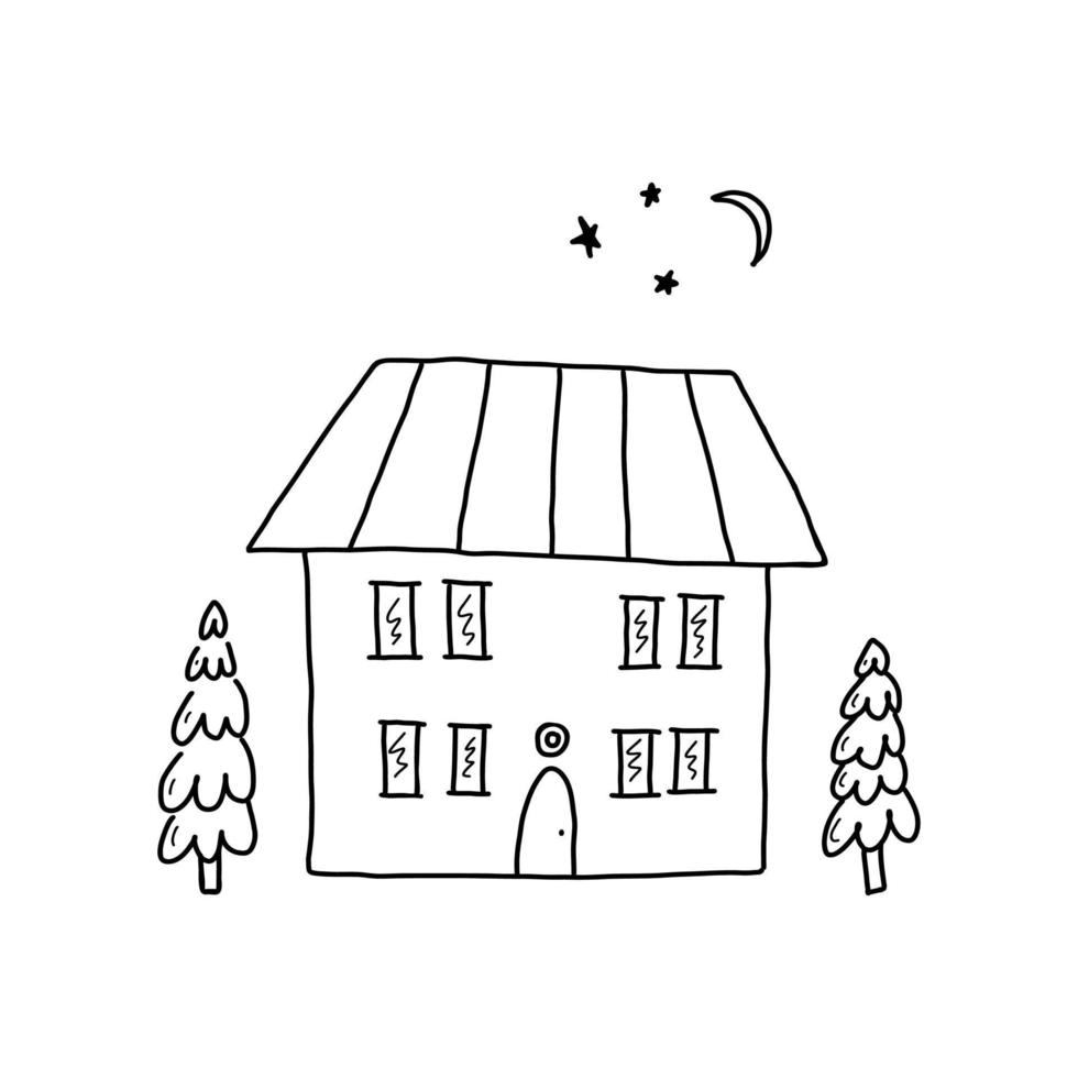 A simple house with windows, stars and moon in the sky. Vector illustration in the style of doodles