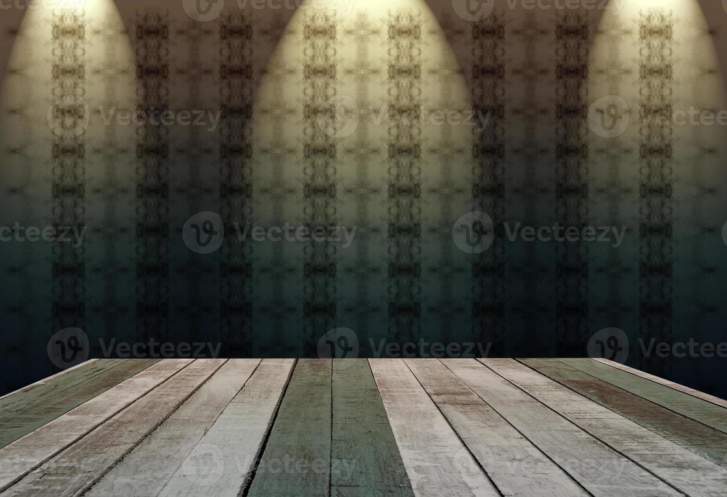 wooden table with abstract background in dark room illuminated by 3 spots photo