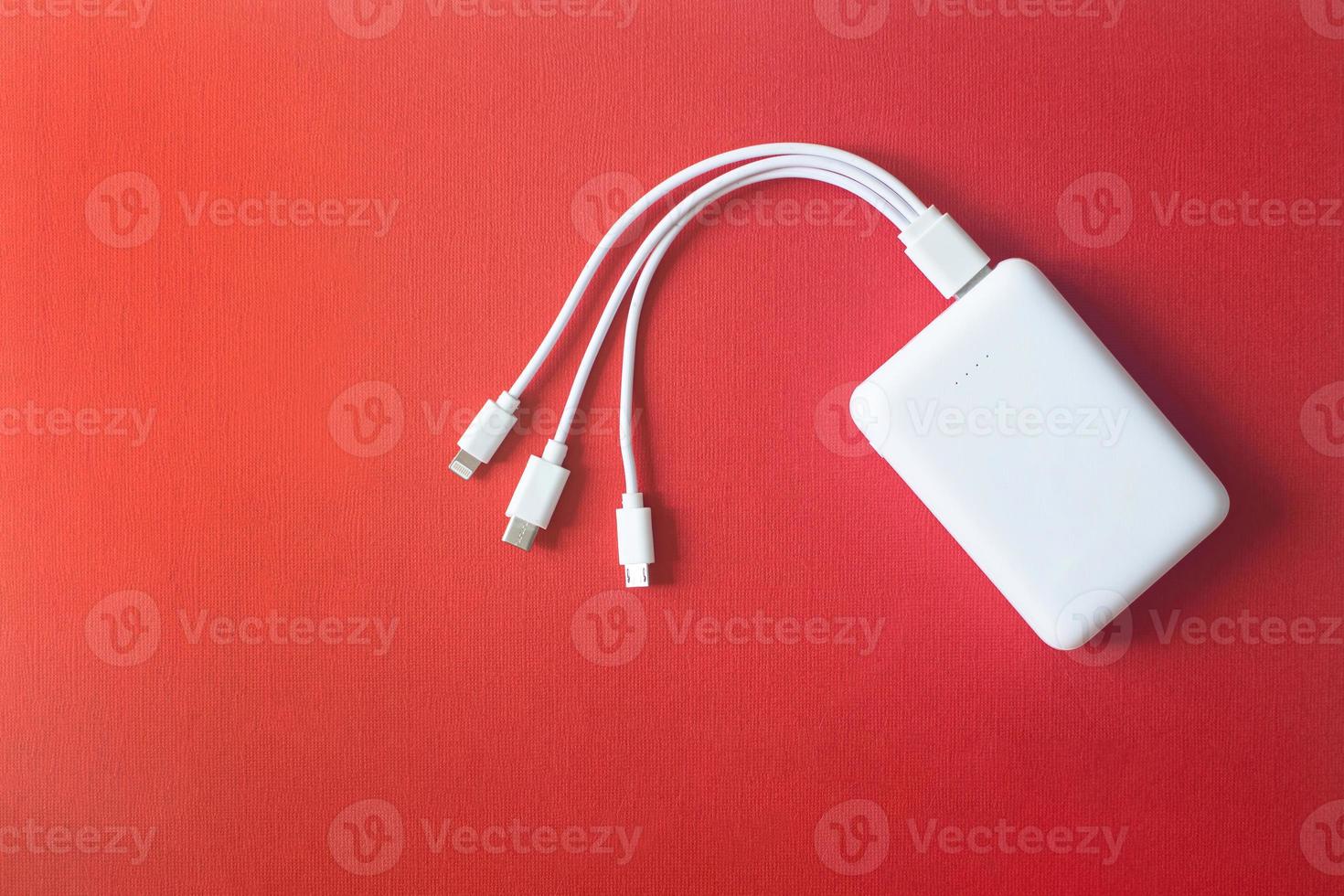 Powerbank on red background. Powerbank with different connectors. photo