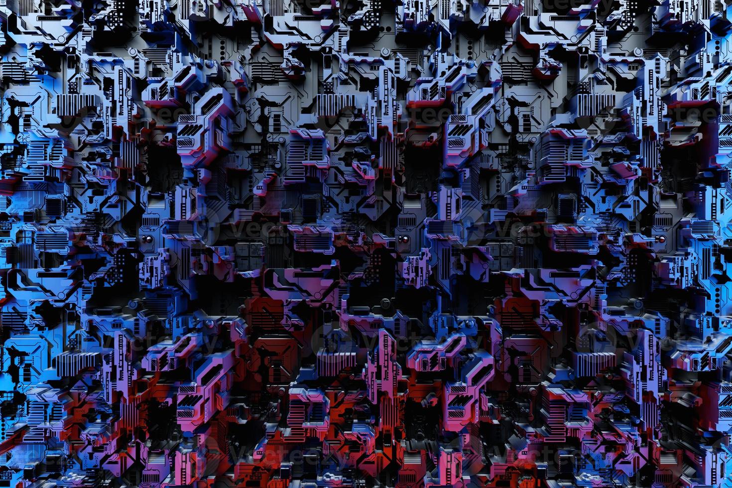 3D illustration of the Close up of the black cyber armor on neon lights photo