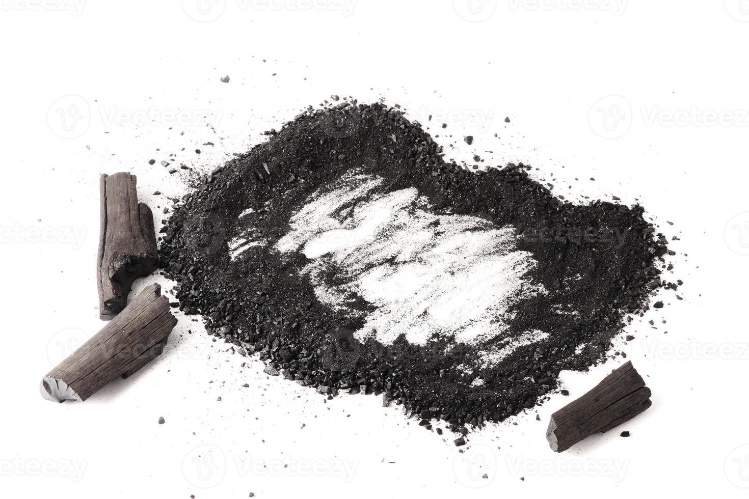 Charcoal and powder activated carbon on white background. Free space for text photo