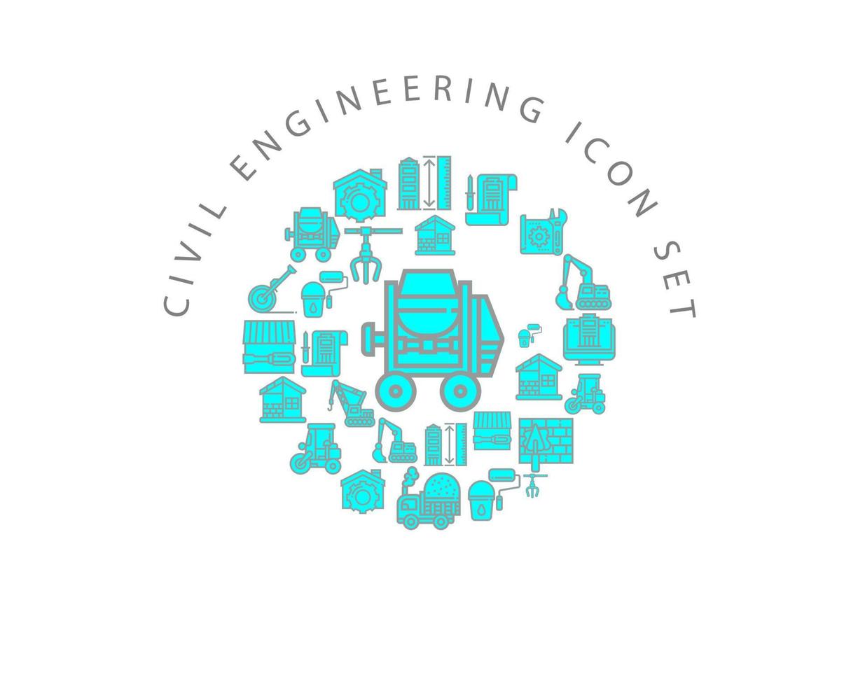 diseño de conjunto de iconos de ingeniería civil sobre fondo blanco. vector