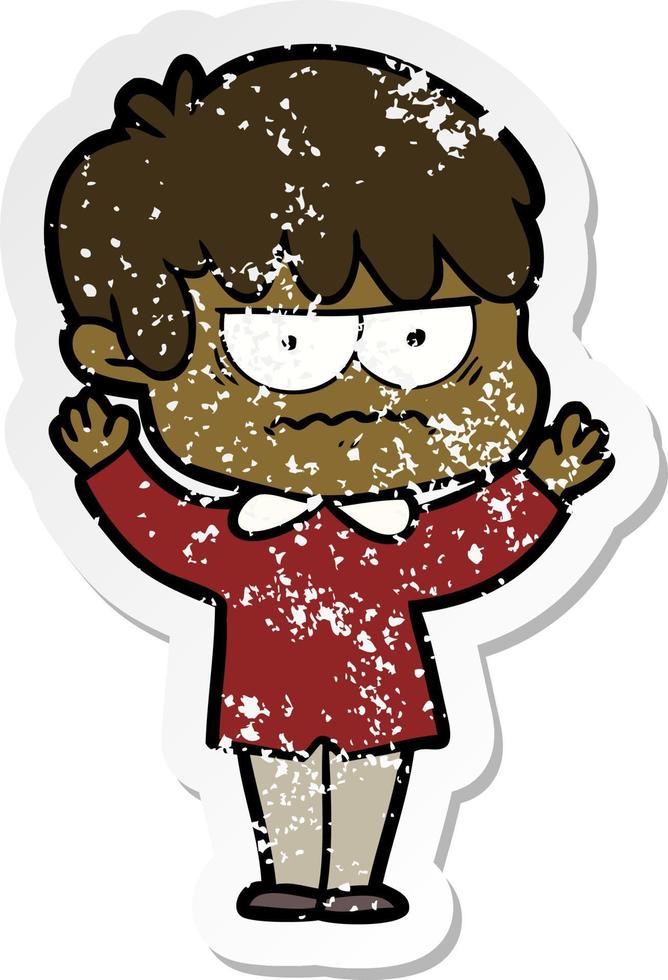 distressed sticker of a annoyed cartoon boy vector