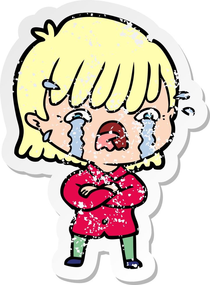 distressed sticker of a cartoon girl crying vector
