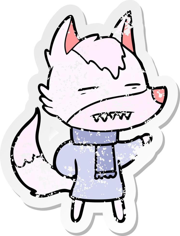 distressed sticker of a cartoon wolf in winter clothes vector