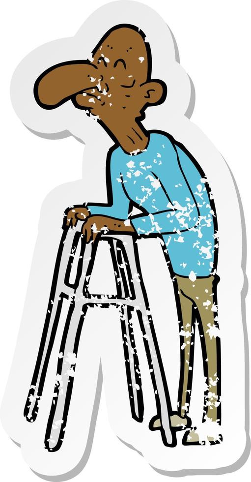 retro distressed sticker of a cartoon old man with walking frame vector
