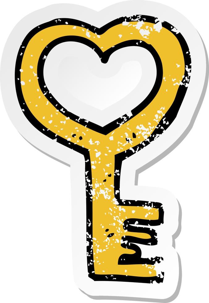 retro distressed sticker of a cartoon heart shaped key vector