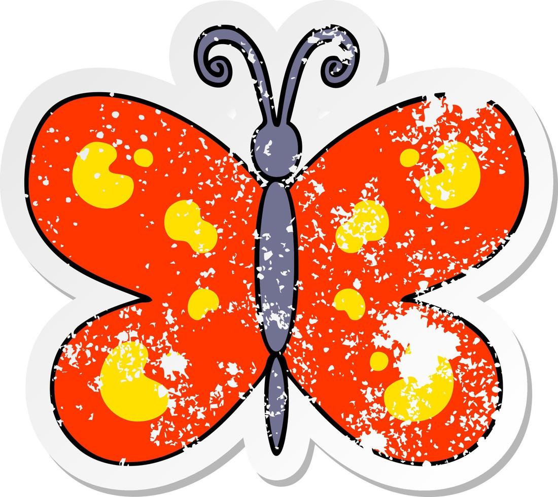 distressed sticker of a quirky hand drawn cartoon butterfly vector