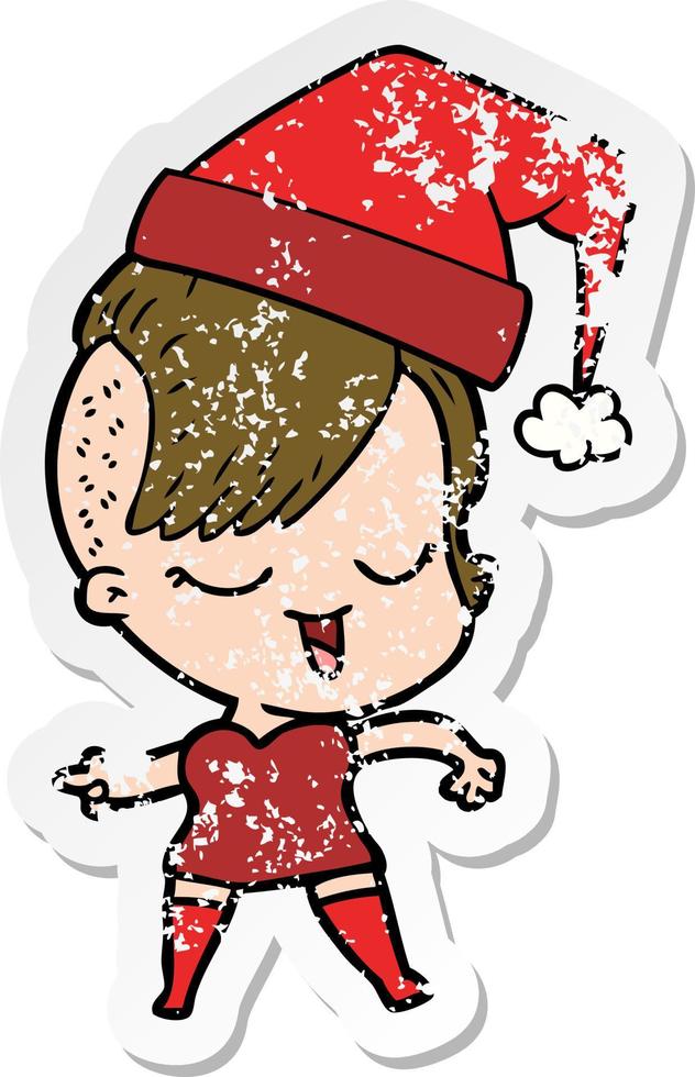 distressed sticker of a happy cartoon girl wearing xmas hat vector