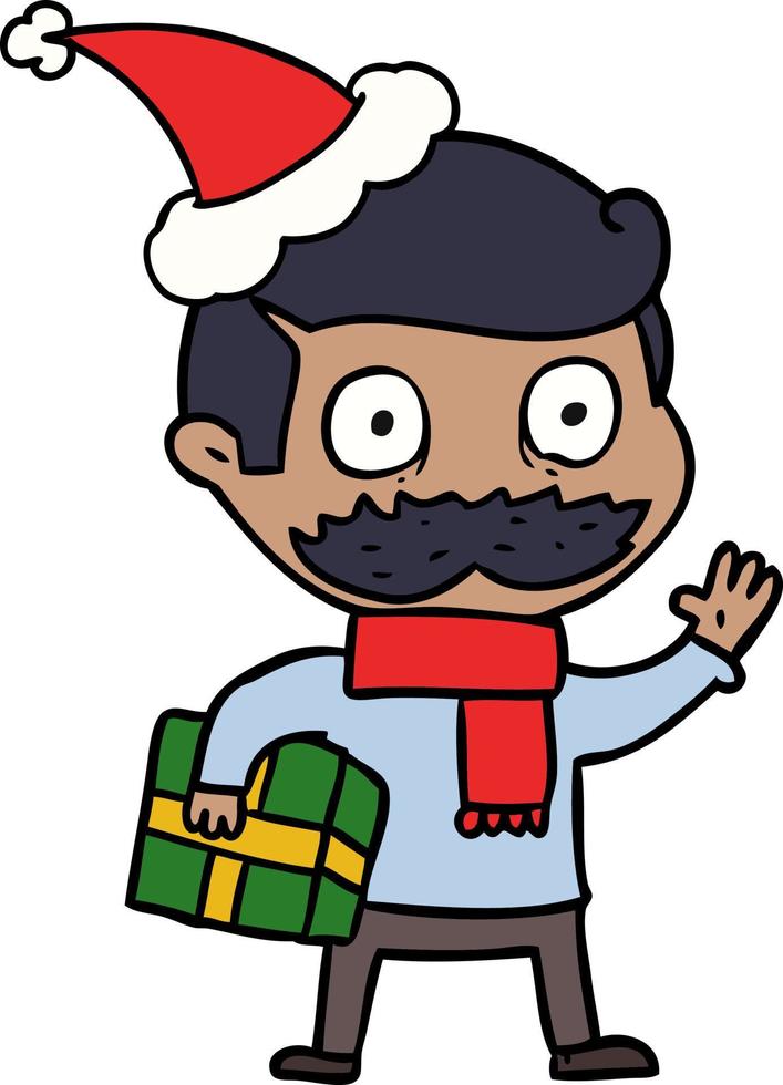 line drawing of a man with mustache and christmas present wearing santa hat vector