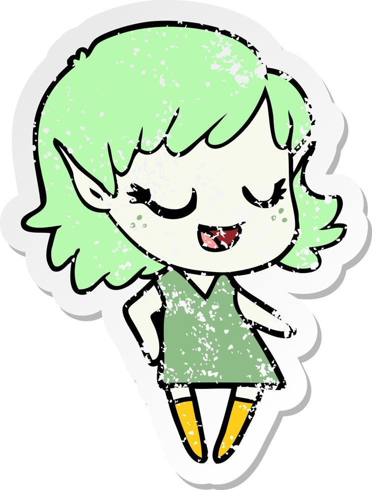 distressed sticker of a happy cartoon elf girl vector