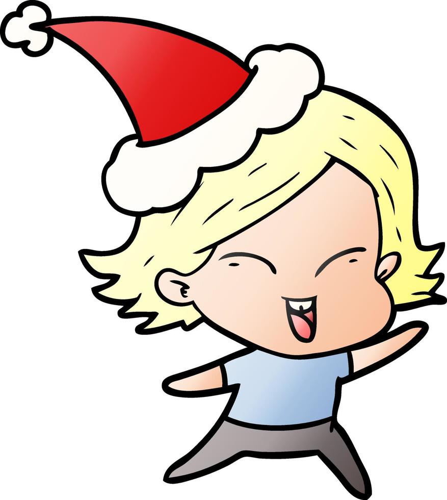 happy gradient cartoon of a girl wearing santa hat vector