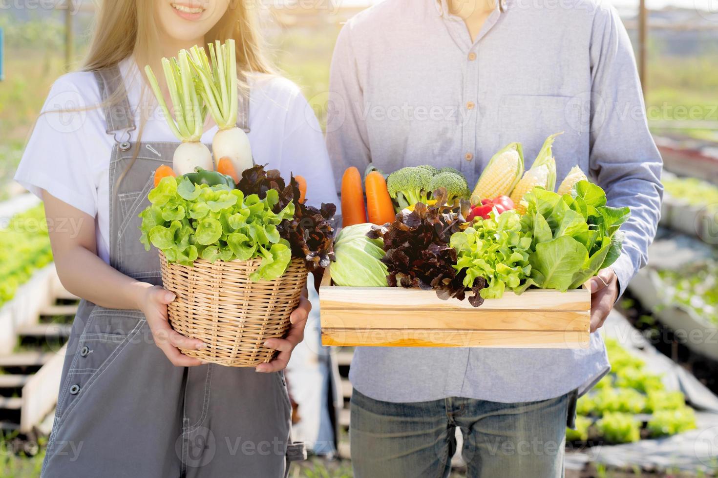 Beautiful portrait young asian woman and man harvest and picking up fresh organic vegetable garden in basket in the hydroponic farm, agriculture for healthy food and business entrepreneur concept. photo
