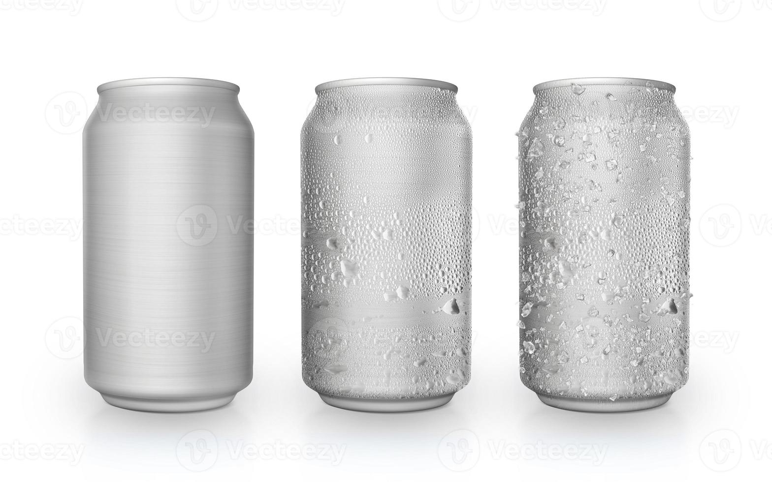 Thin aluminum cans in silver isolated from white background, cans with water droplets, cans with water droplets and ice photo