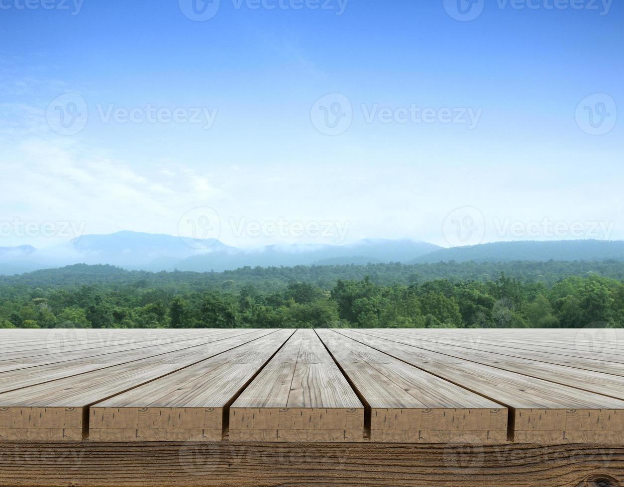 Wooden table terrace with a refreshing atmosphere in the morning, natural landscape photo