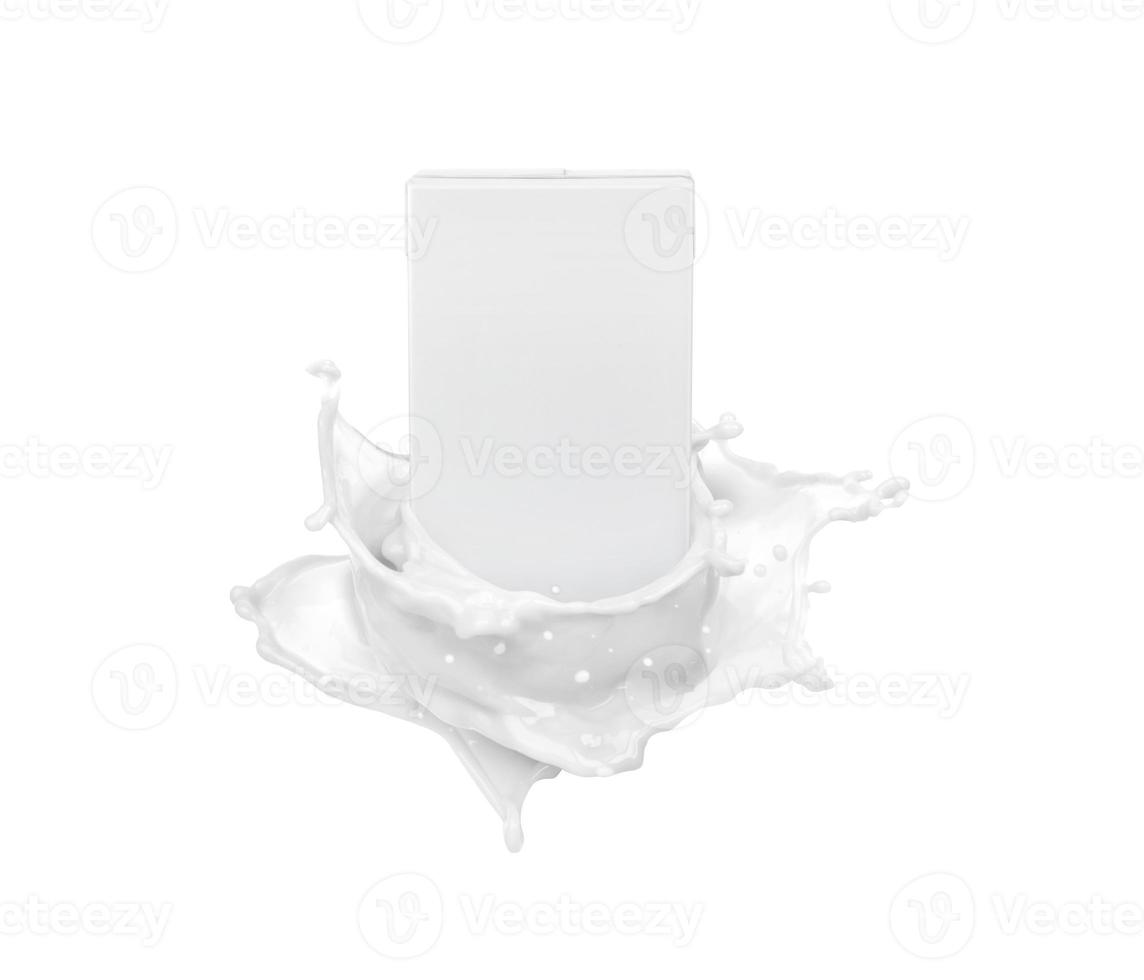 Milk carton packaging and milk splashes isolated on white background photo