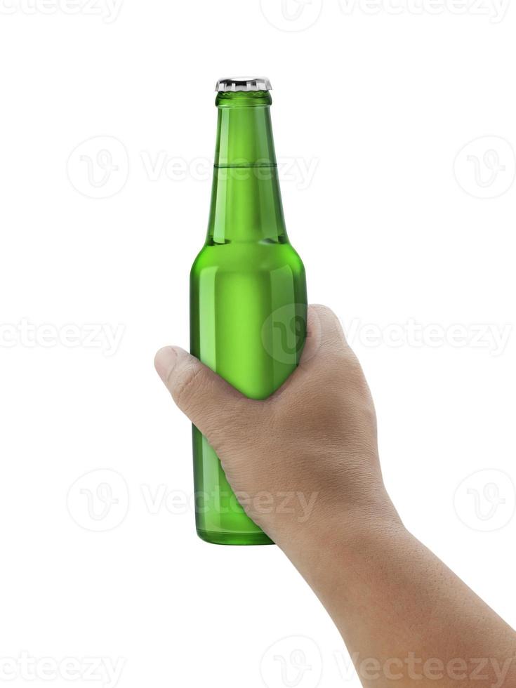 A man holding Beer bottle isolated on white background photo