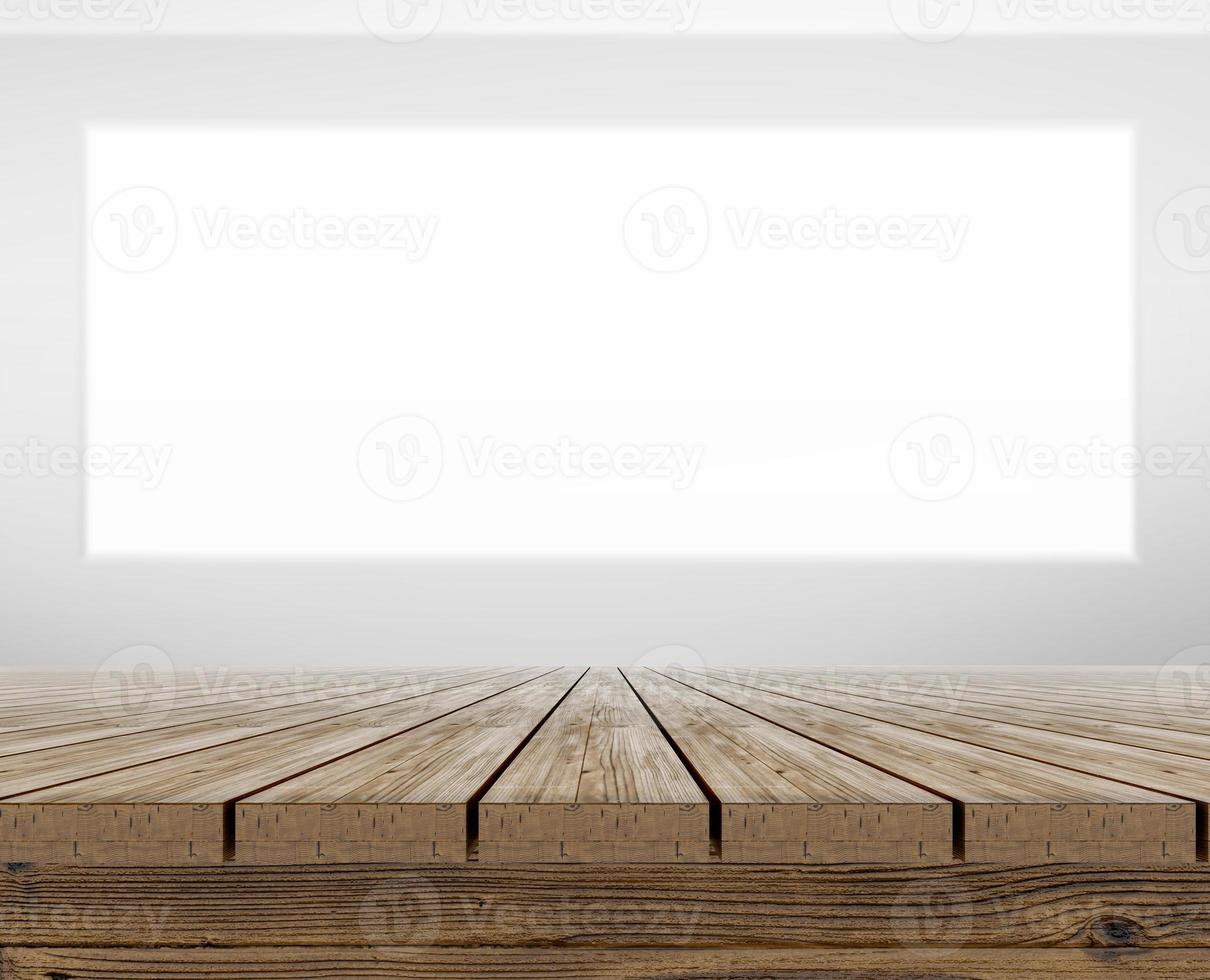 Wooden table top on room modern interiors background. 3d render photo