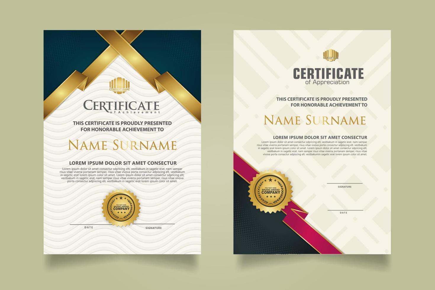 set certificate template with ribbon stripes ornament and modern texture pattern background. Diploma. Vector illustration
