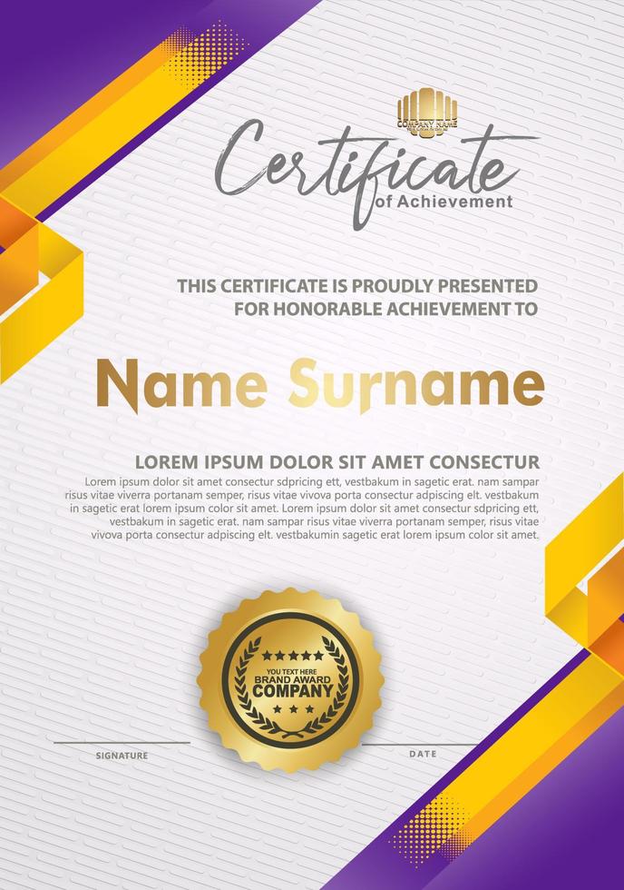Certificate template with line halftone frame and modern pattern background, vector