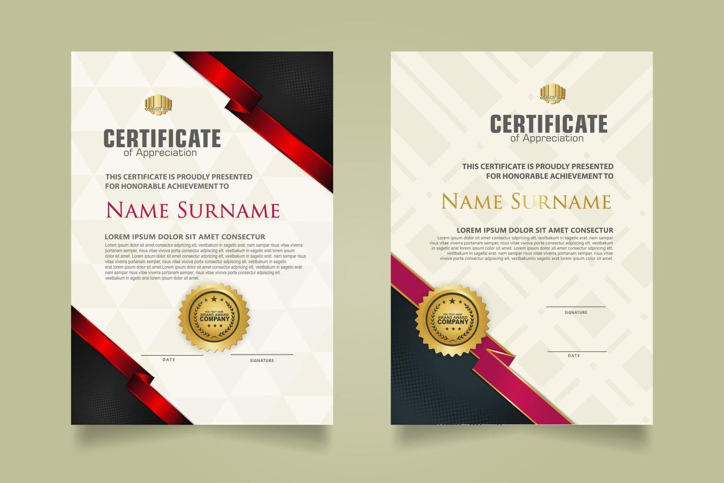 set certificate template with ribbon stripes ornament and modern texture pattern background. Diploma. Vector illustration