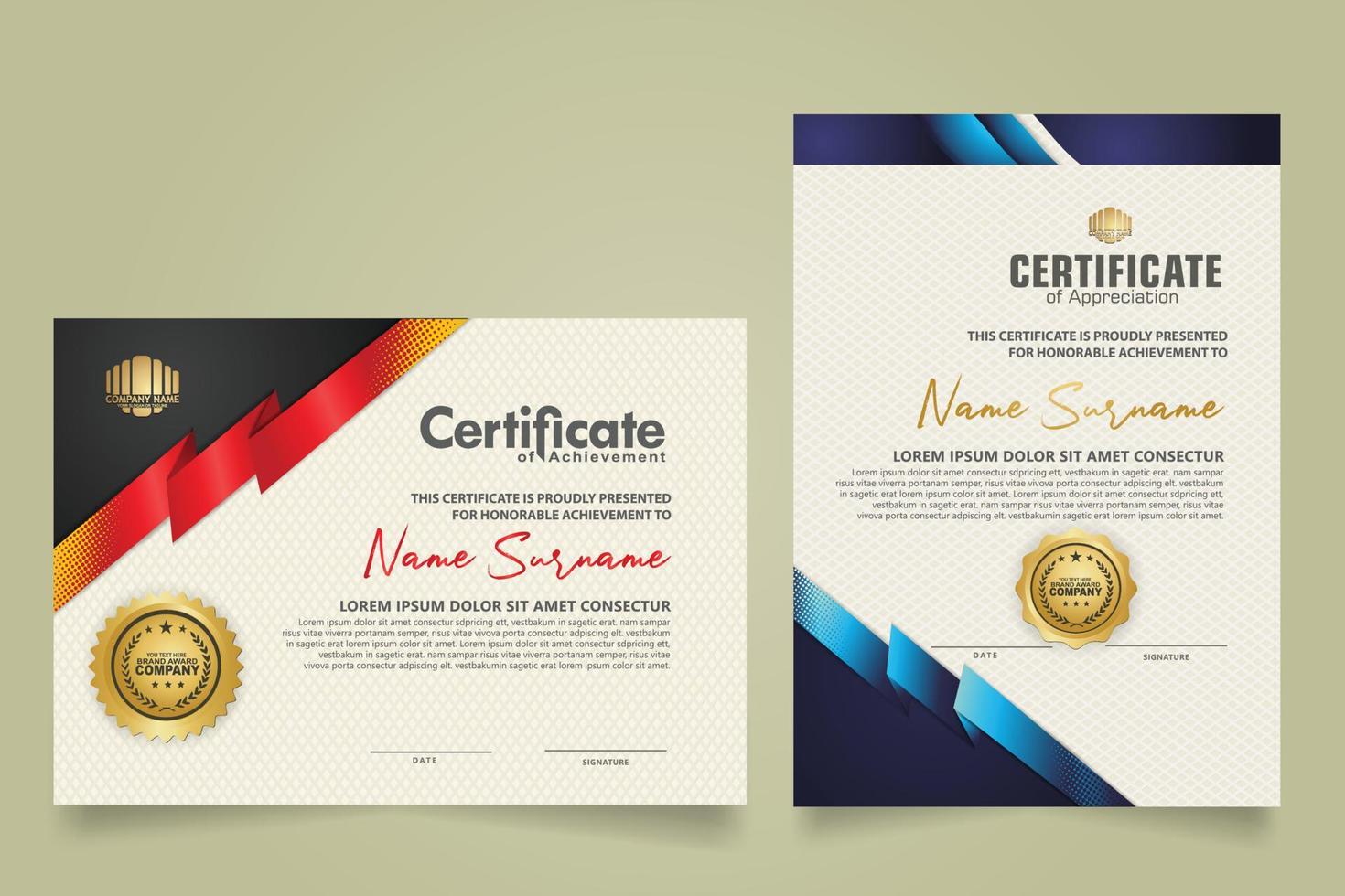 set certificate template with ribbon stripes ornament and modern texture pattern background. Diploma. Vector illustration