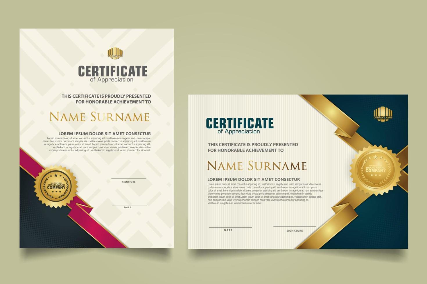 set certificate template with ribbon stripes ornament and modern texture pattern background. Diploma. Vector illustration