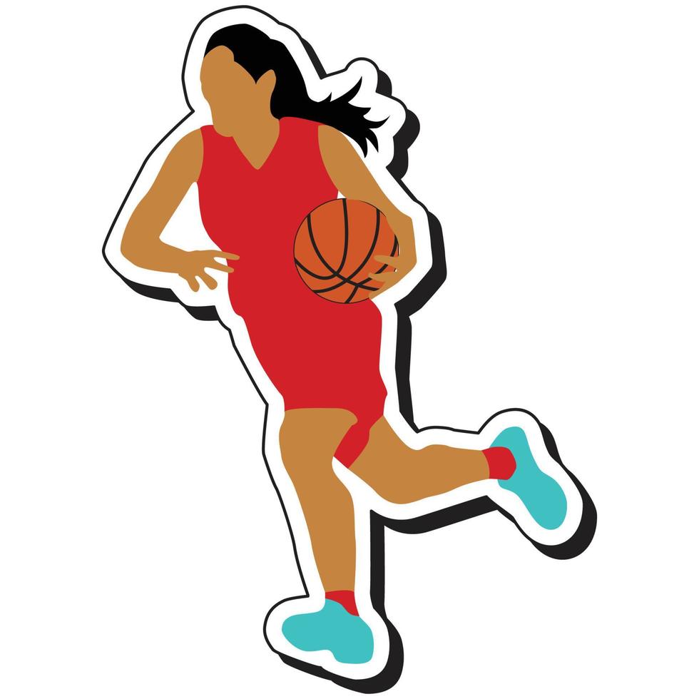 pegatina de ilustración, chica de baloncesto posando regateando vector