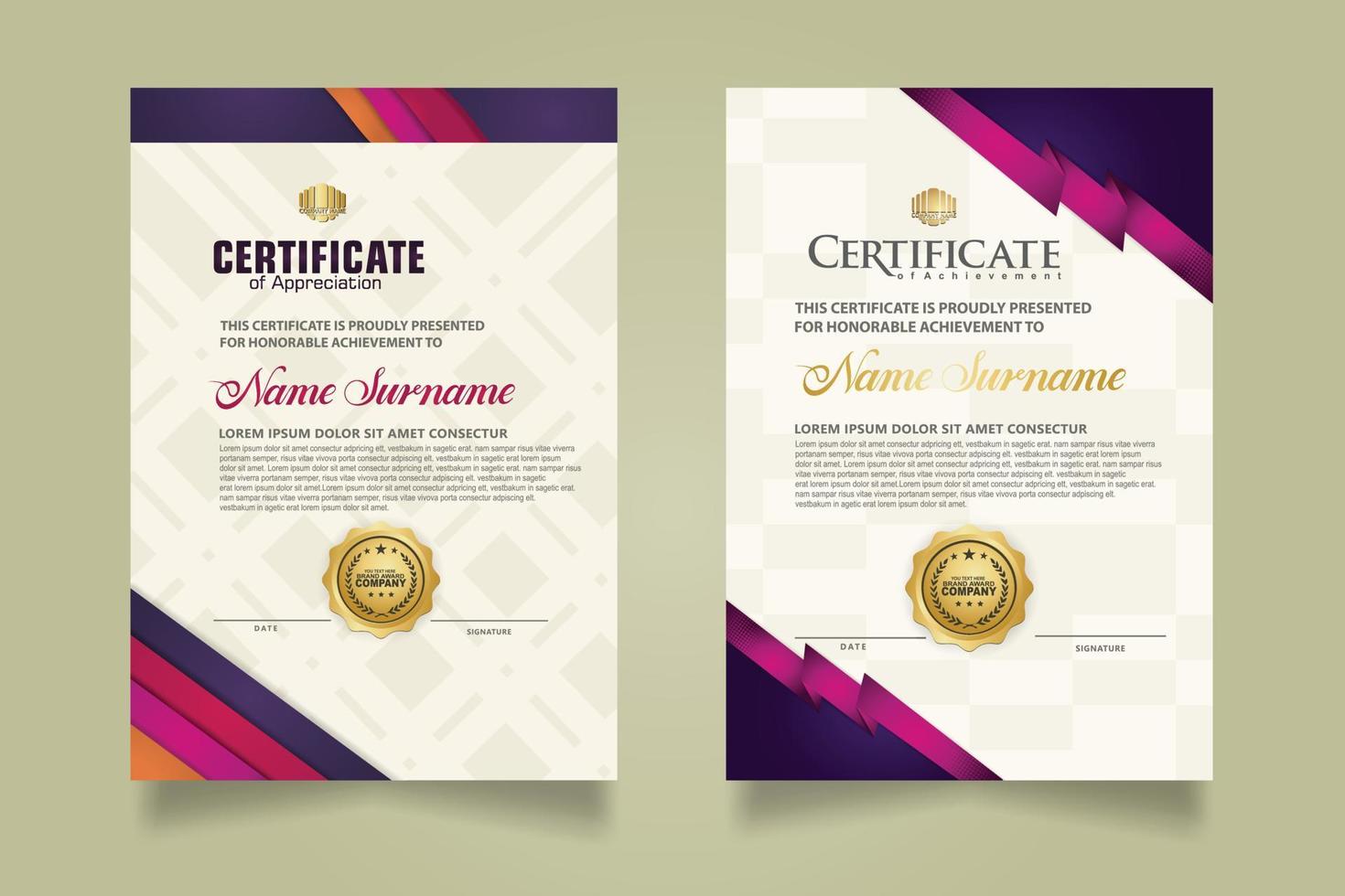 set certificate template with stripes ornament and modern texture pattern background. Diploma. Vector illustration