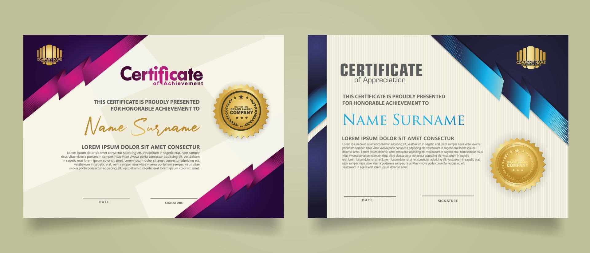 set certificate template with ribbon stripes ornament and modern texture pattern background. Diploma. Vector illustration