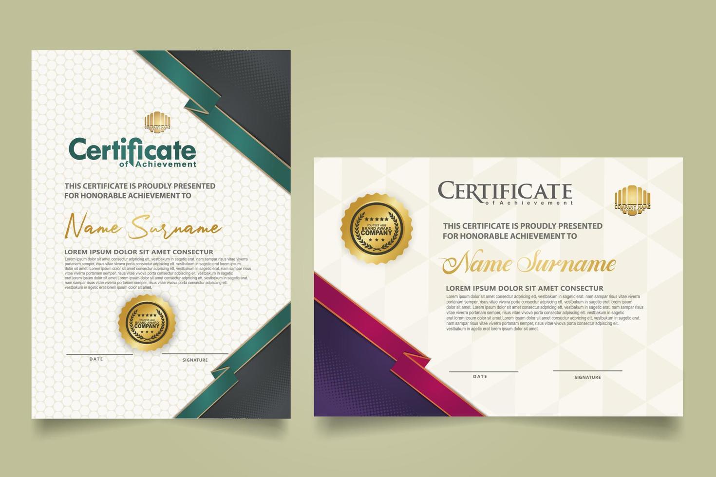 set certificate template with ribbon stripes ornament and modern texture pattern background. Diploma. Vector illustration