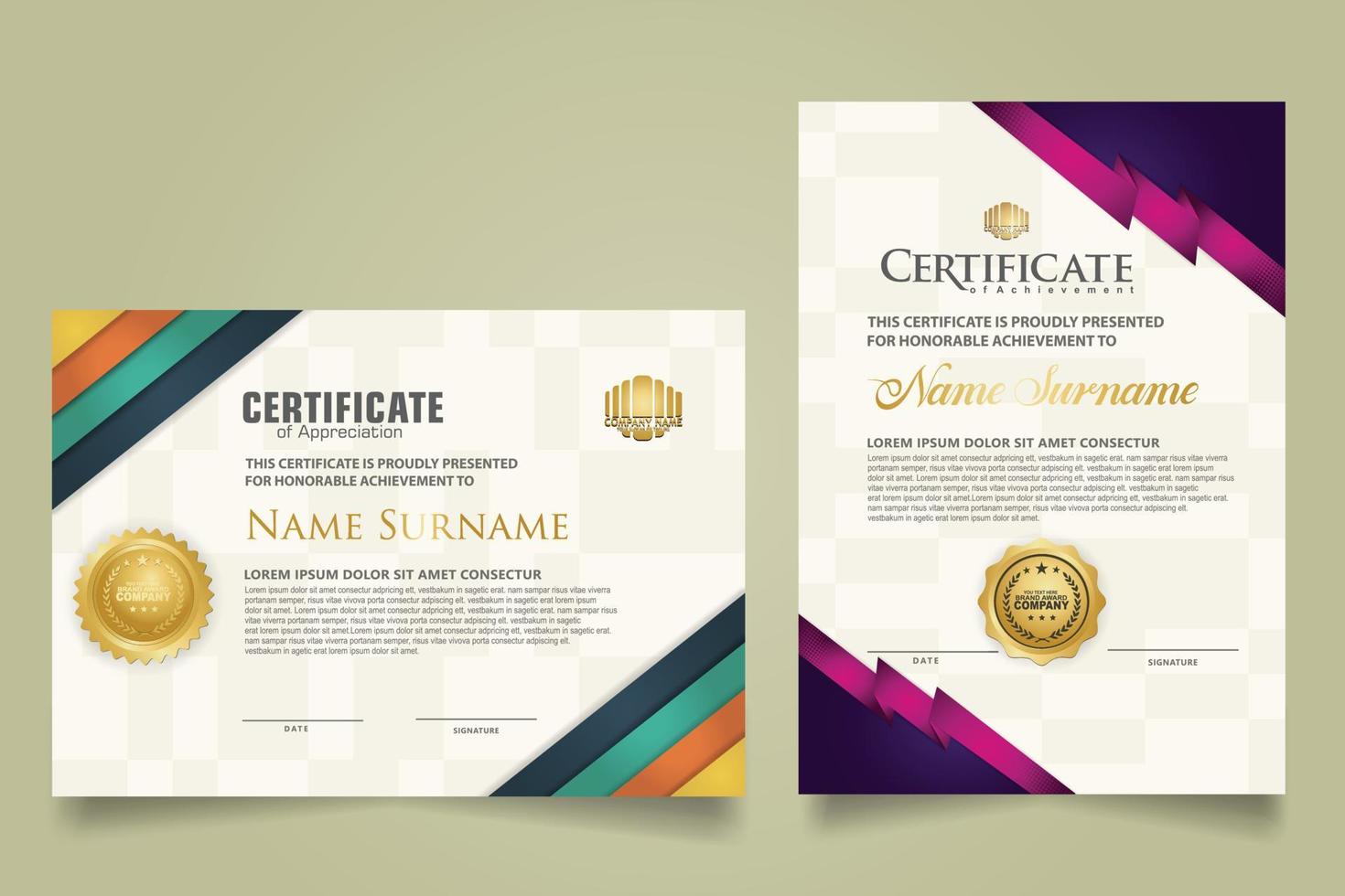 set certificate template with stripes ornament and modern texture pattern background. Diploma. Vector illustration