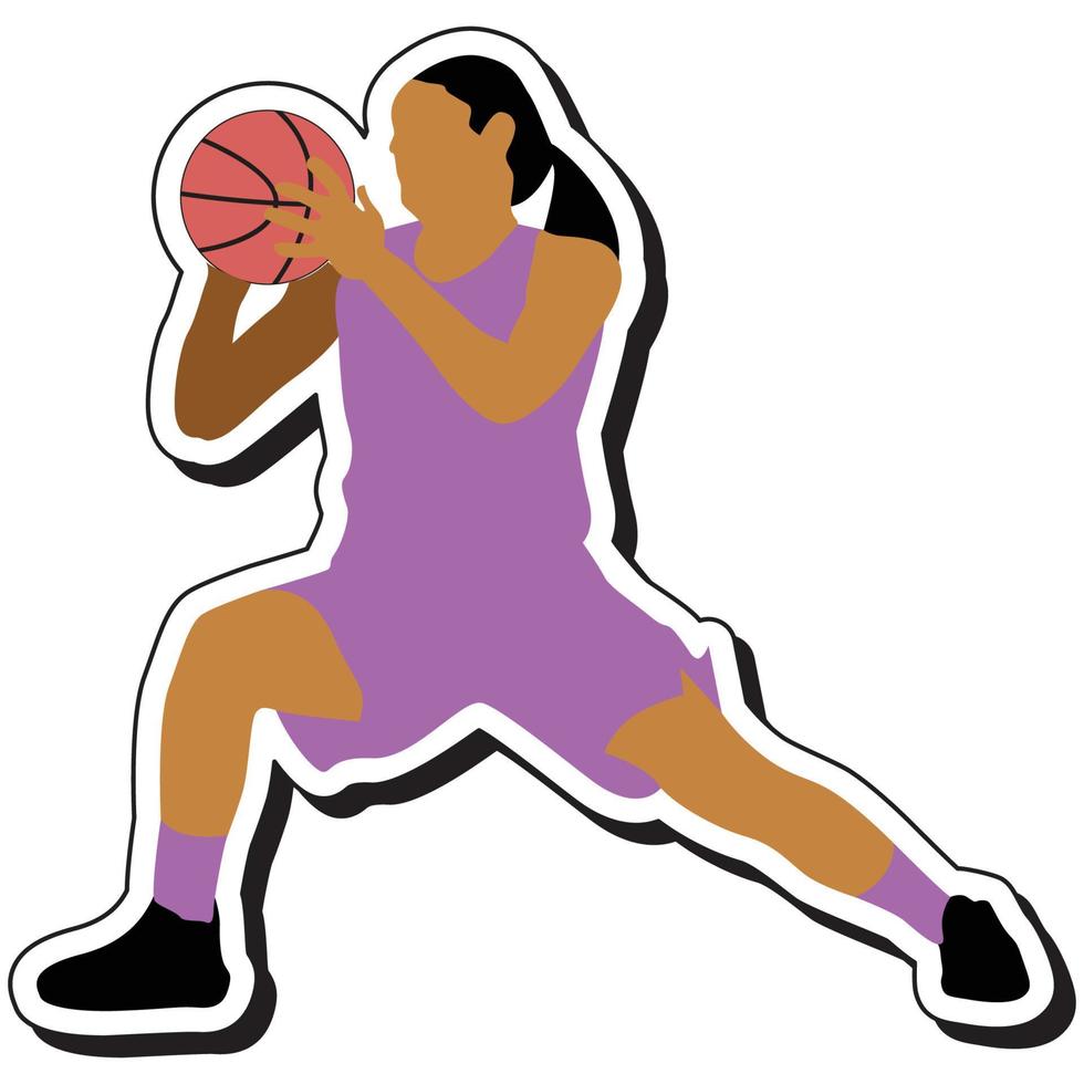 pegatina de ilustración, chica de baloncesto posando regateando vector