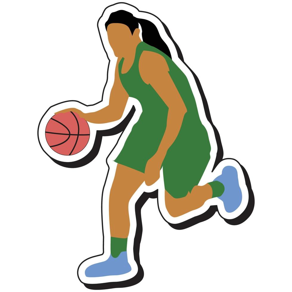 pegatina de ilustración, chica de baloncesto posando regateando vector