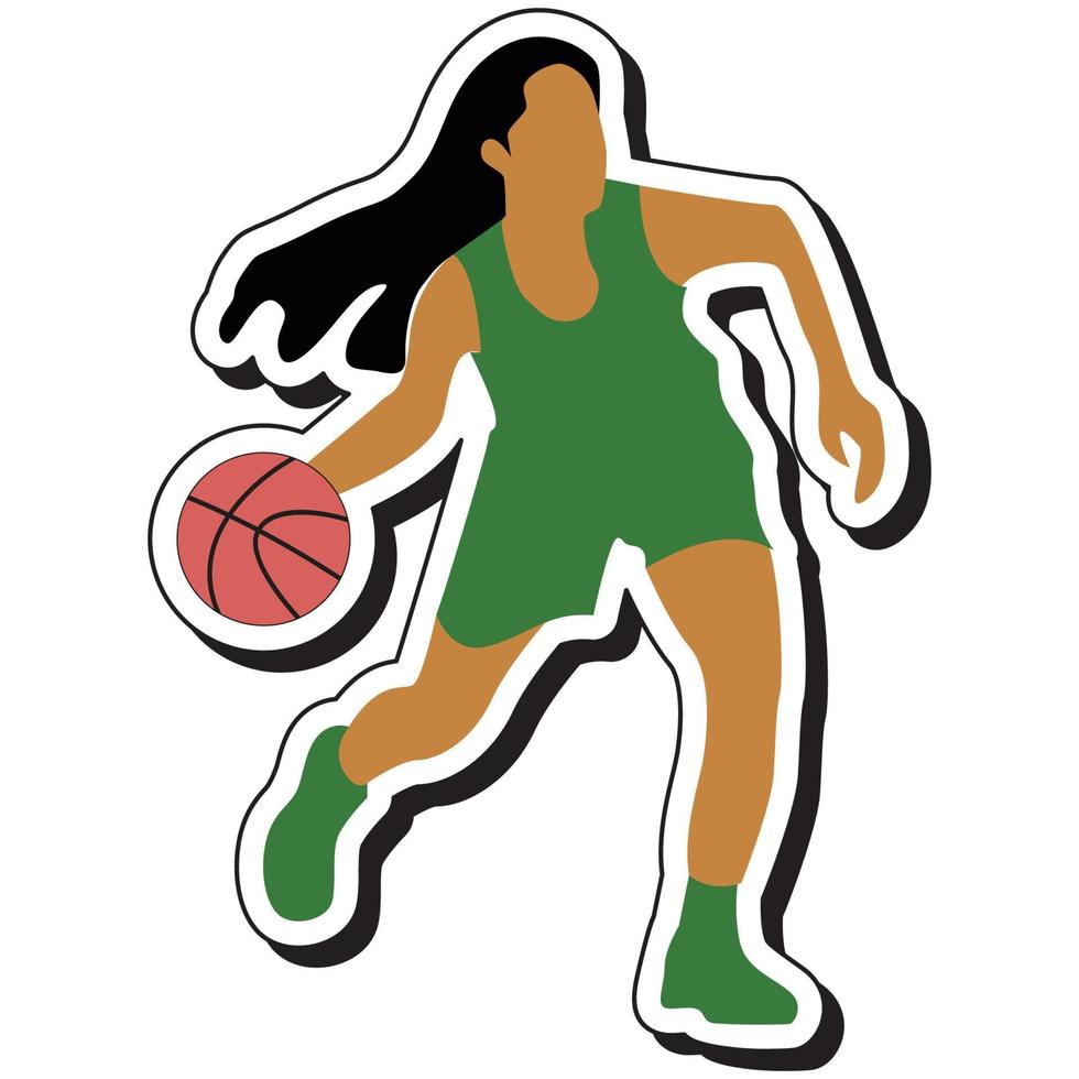 pegatina de ilustración, chica de baloncesto posando regateando vector