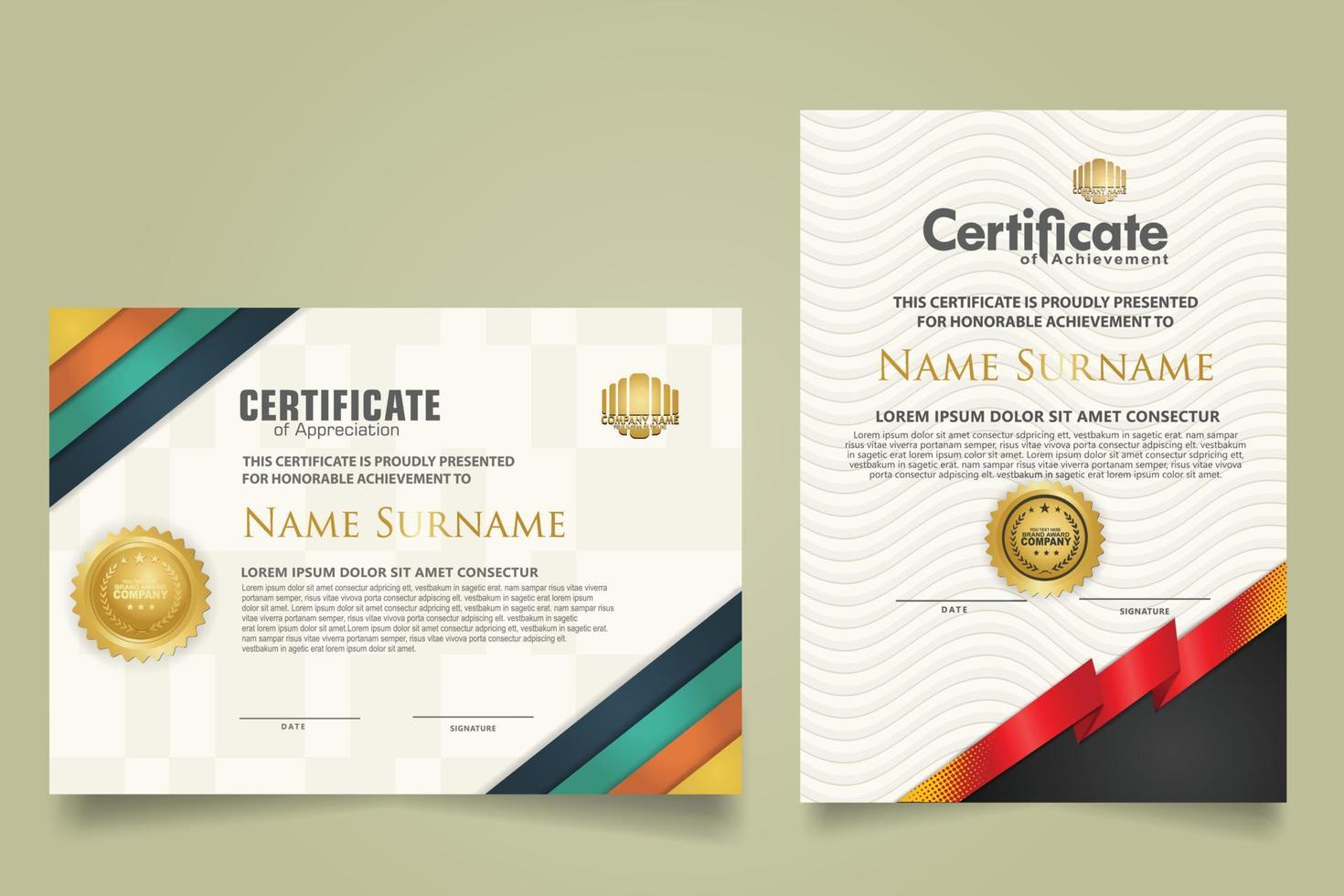 set certificate template with ribbon stripes ornament and modern texture pattern background. Diploma. Vector illustration