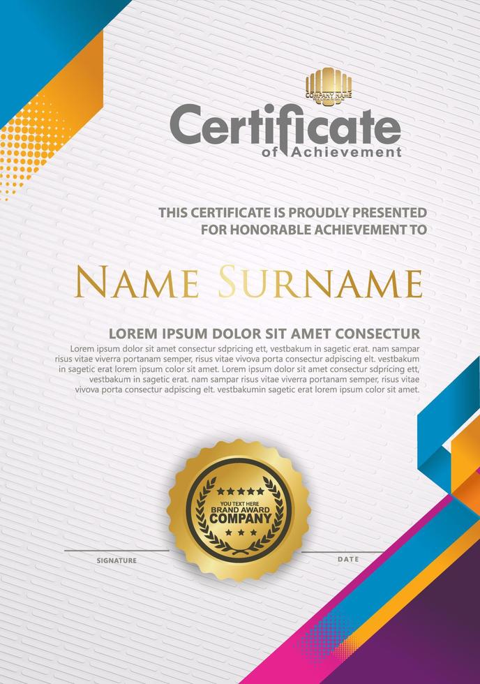 Certificate template with line halftone frame and modern pattern background, vector