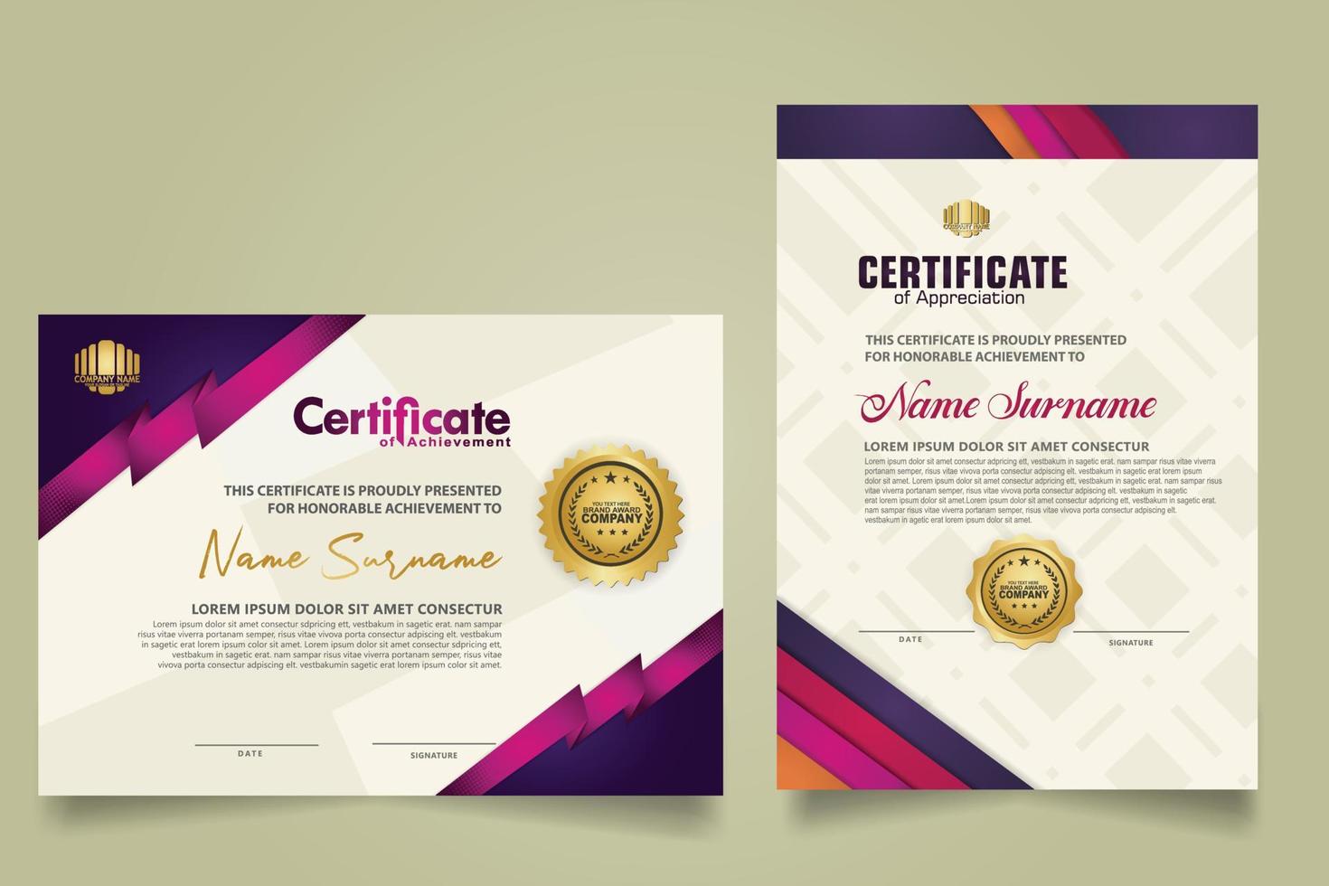 set certificate template with stripes ornament and modern texture pattern background. Diploma. Vector illustration