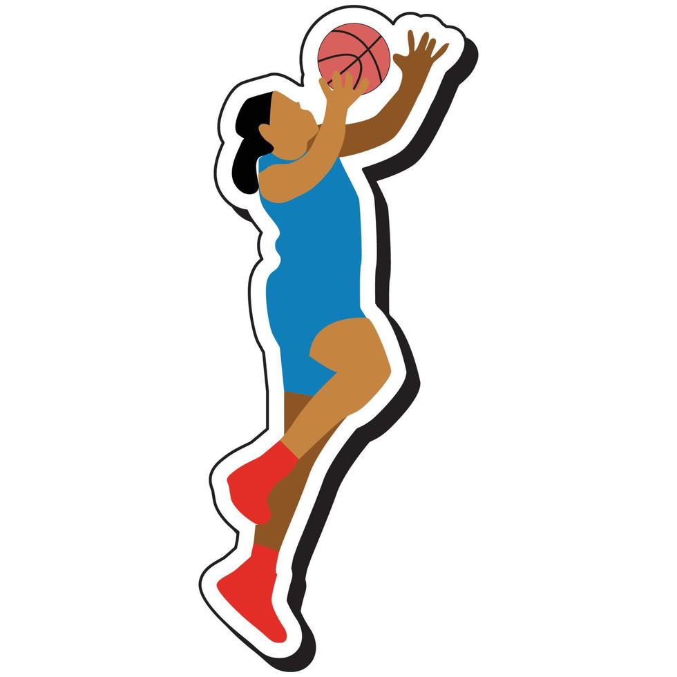 pegatina de ilustración, pelota de tiro de salto de pose de chica de baloncesto vector