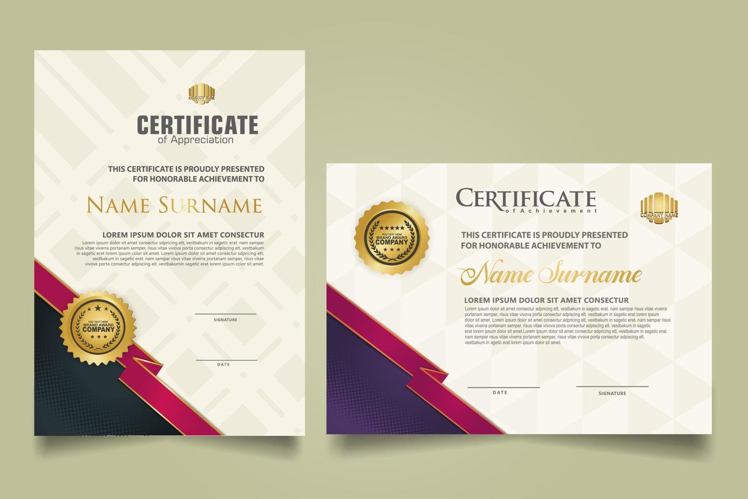 set certificate template with ribbon stripes ornament and modern texture pattern background. Diploma. Vector illustration