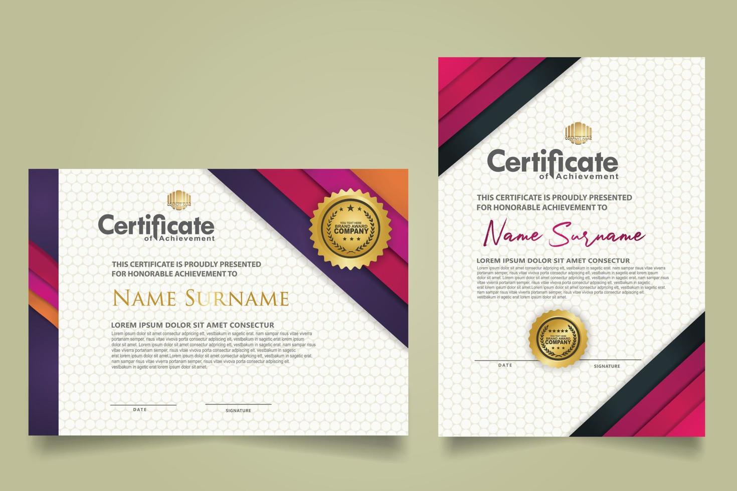 set certificate template with ribbon stripes ornament and modern texture pattern background. Diploma. Vector illustration