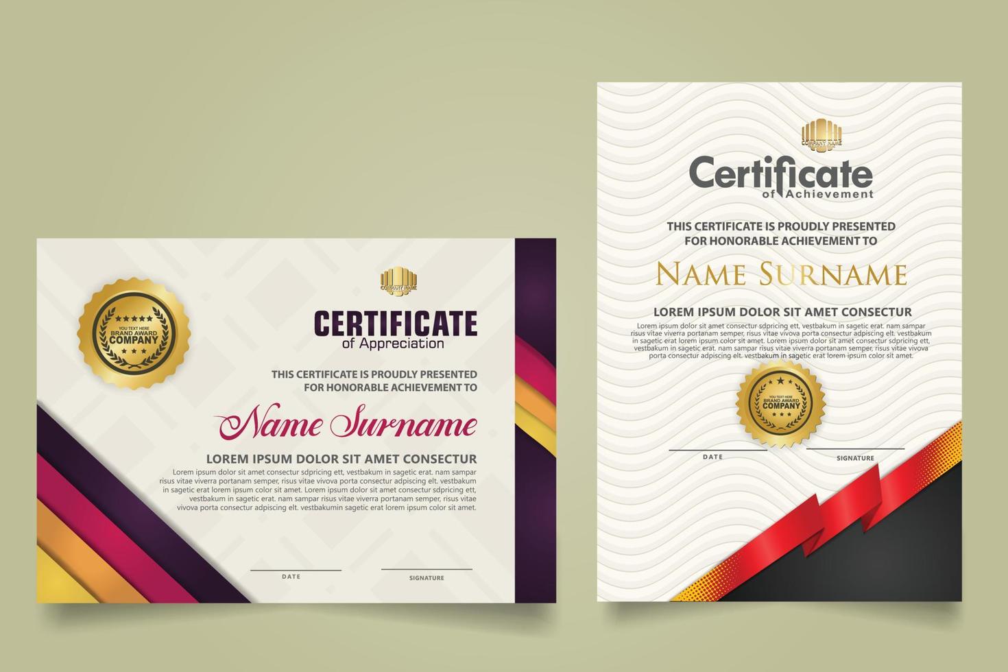 set certificate template with ribbon stripes ornament and modern texture pattern background. Diploma. Vector illustration