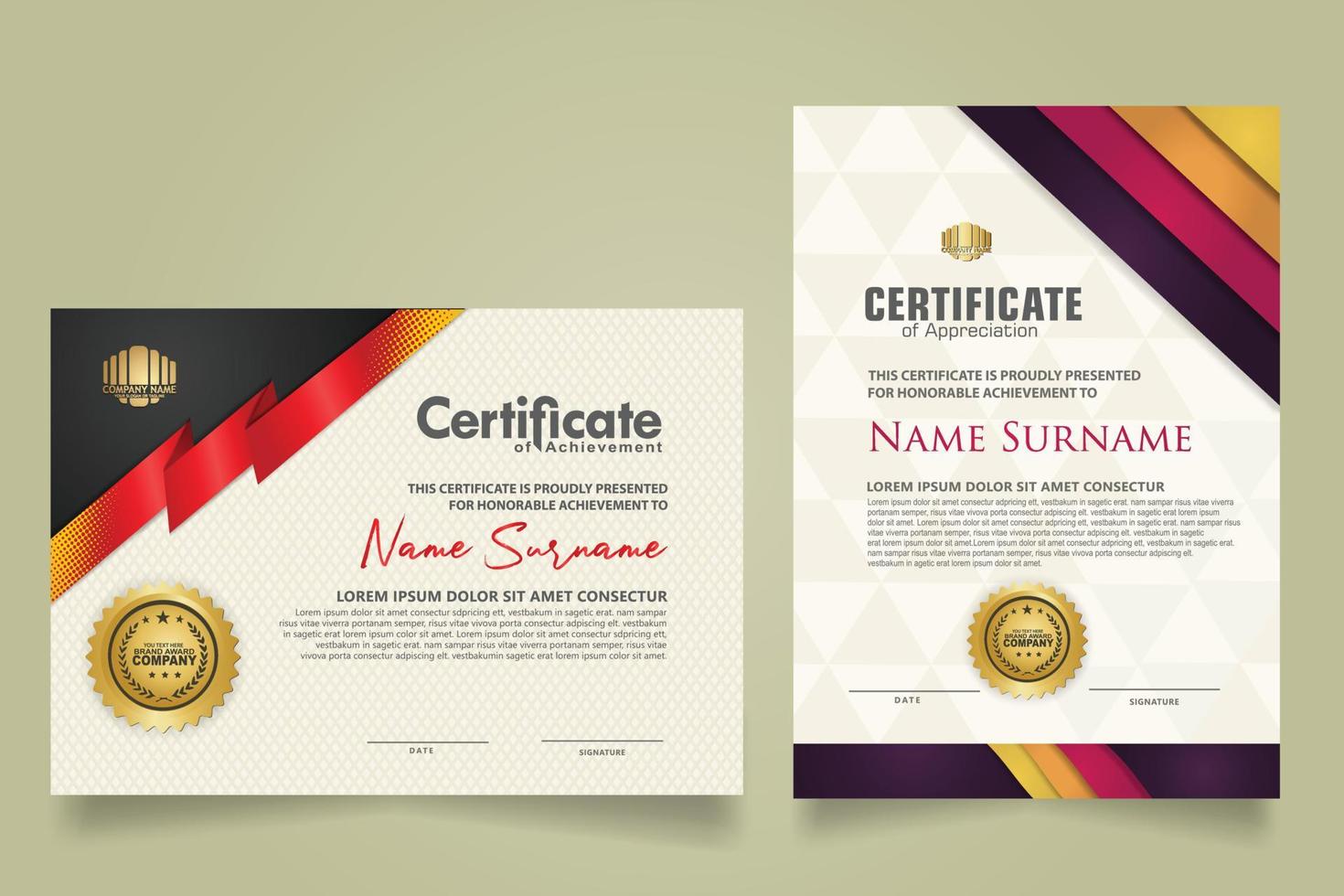 set certificate template with ribbon stripes ornament and modern texture pattern background. Diploma. Vector illustration