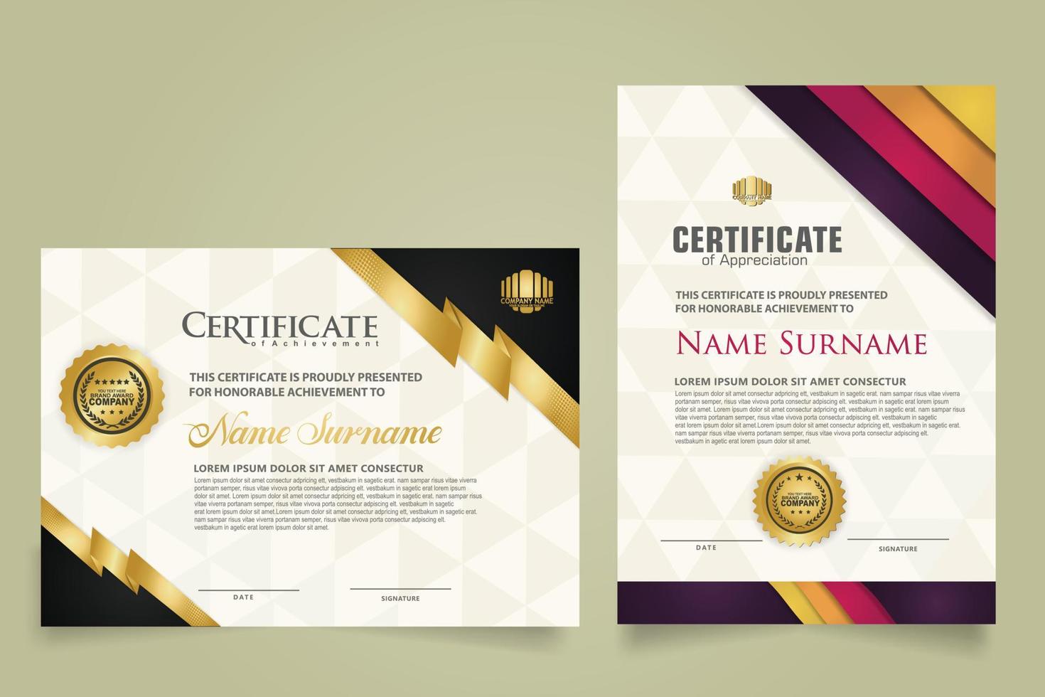 set certificate template with stripes ornament and modern texture pattern background. Diploma. Vector illustration